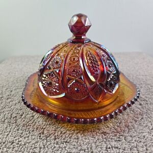Vintage Indiana Glass Heiloom Sunset Carnival Glass Butter Dish